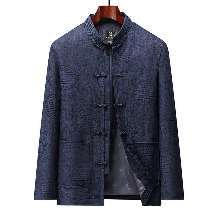 Buddha Stones Fall Winter Vintage Tang Style Frog Button Geometric Men's Jackets With Pocket - Navy - US/UK/AU44，EU54 (4XL) - image 0