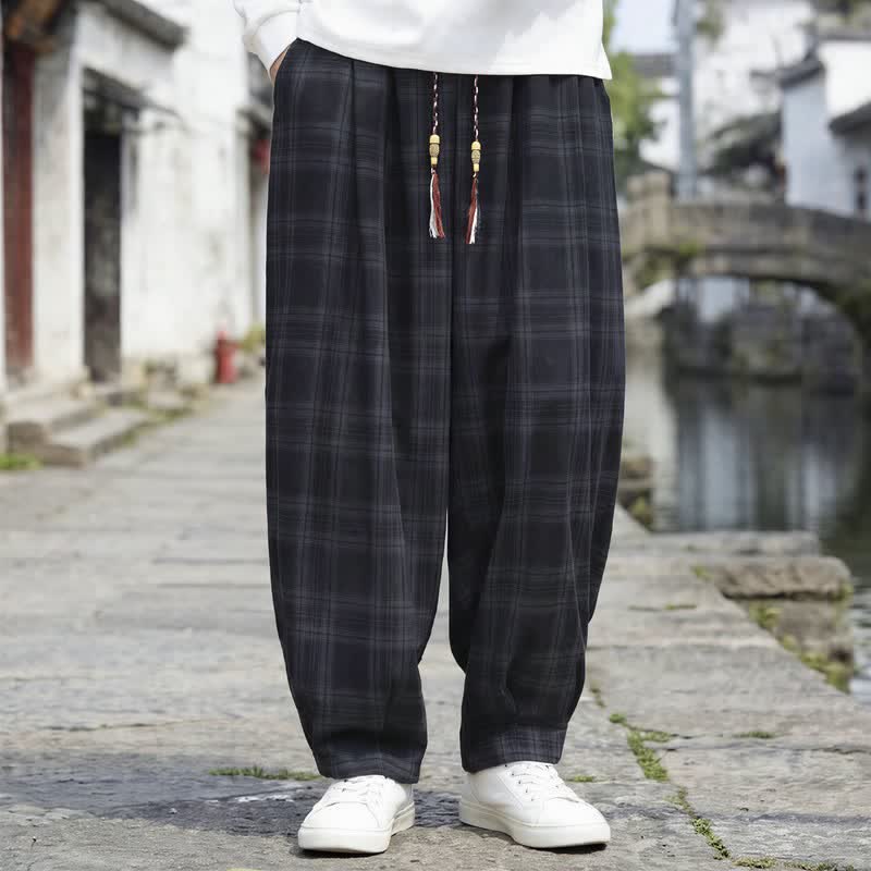 Buddha Stones Fall Winter Casual Vintage Drawstring Plaid Ankle Pants Men's Harem Pants With Pocket - Black - US/UK/AU48，EU58 (6XL) - image 5