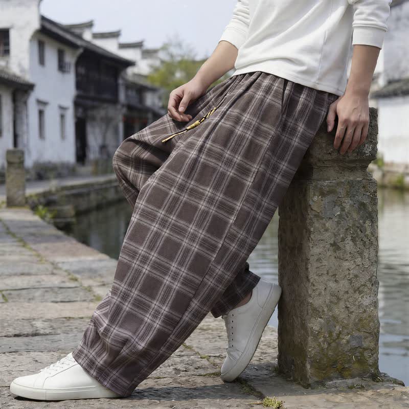 Buddha Stones Fall Winter Casual Vintage Drawstring Plaid Ankle Pants Men's Harem Pants With Pocket - image 3