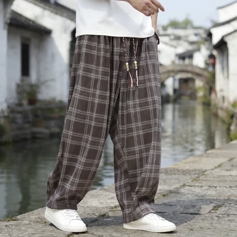 Buddha Stones Fall Winter Casual Vintage Drawstring Plaid Ankle Pants Men's Harem Pants With Pocket - image 1