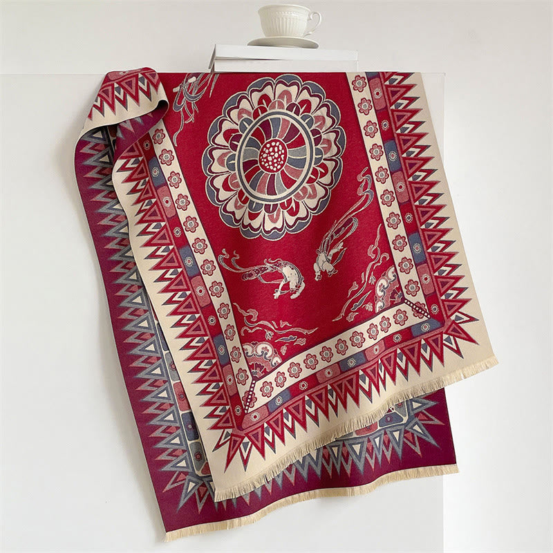 Buddha Stones Spring Fall Mandala Geometric Border Print Tassel Boho Shawl - Firebrick - 185*65cm - image 6