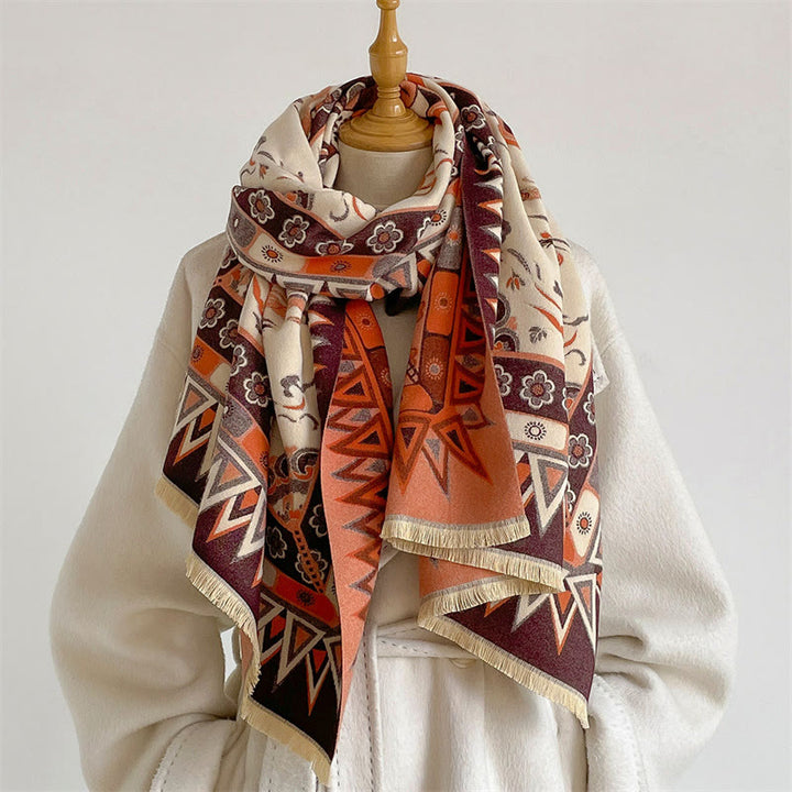 Buddha Stones Spring Fall Mandala Geometric Border Print Tassel Boho Shawl - Orange - 185*65cm - image 0