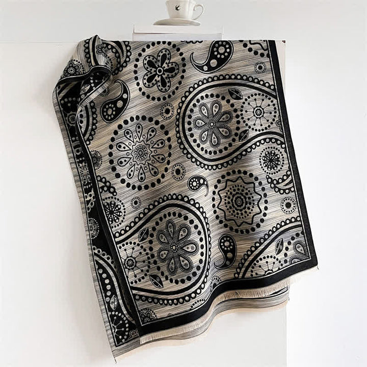 Buddha Stones Fall Baroque Paisley Cashew Flower Pattern Tassel Shawl - Black Gray - 190*70cm - image 6