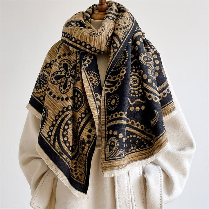 Buddha Stones Fall Baroque Paisley Cashew Flower Pattern Tassel Shawl - Black Gold - 190*70cm - image 0