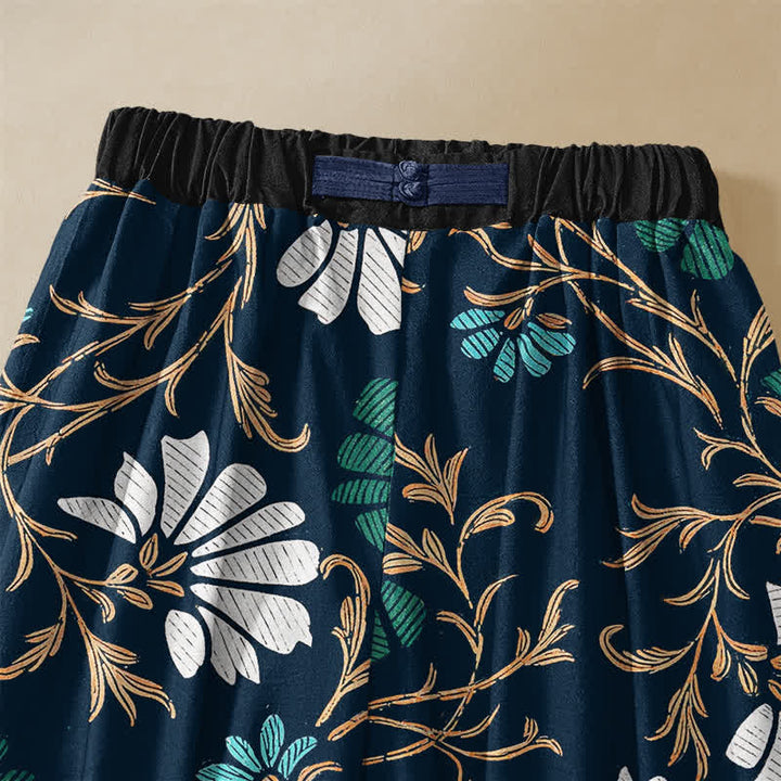 Buddha Stones Pure Cotton Botanical Flower Leaf Pattern Frog Button Women's Elastic Waist Harem Pants With Pockets - image 2