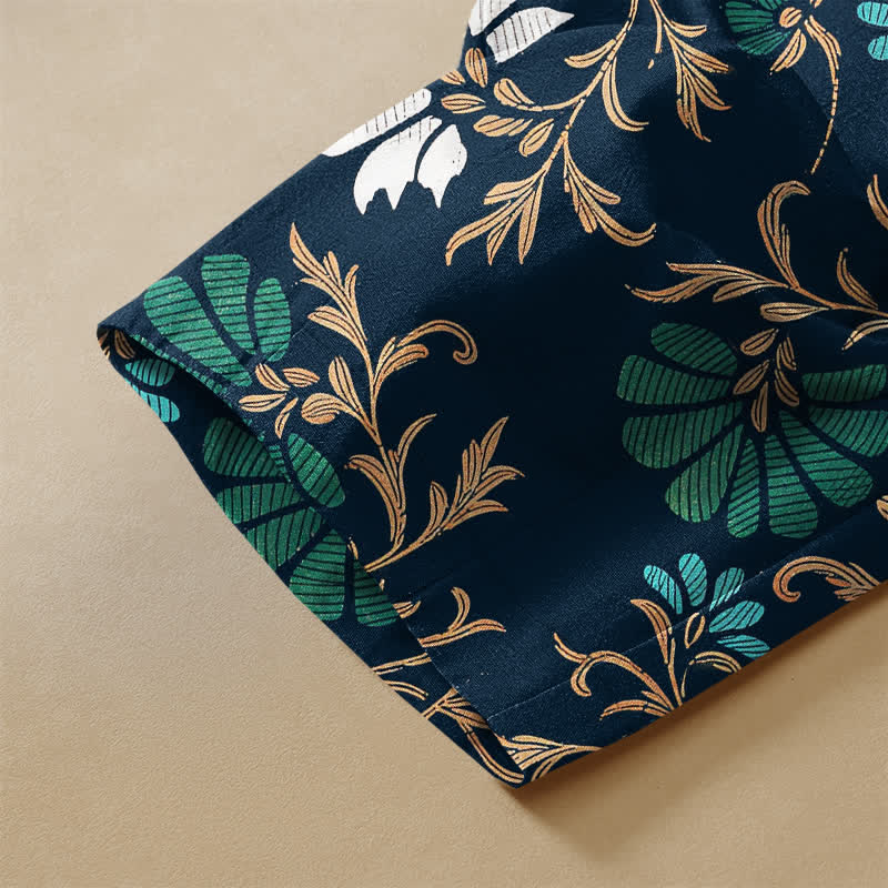 Buddha Stones Pure Cotton Botanical Flower Leaf Pattern Frog Button Women's Elastic Waist Harem Pants With Pockets - image 3