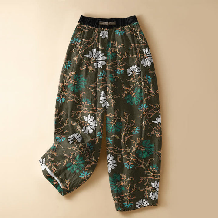 Buddha Stones Pure Cotton Botanical Flower Leaf Pattern Frog Button Women's Elastic Waist Harem Pants With Pockets - DarkOliveGreen - US16，UK/AU20，EU48 (3XL) - image 7