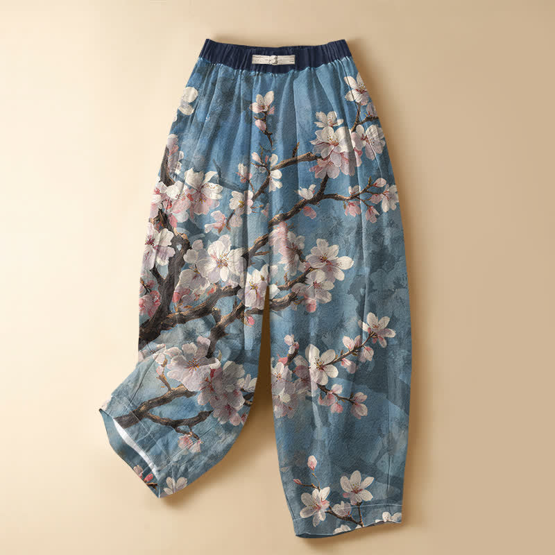 Buddha Stones Pure Cotton Vintage Sakura Branch Pattern Frog Button Women's Elastic Waist Harem Pants With Pockets - LightSkyBlue - US16，UK/AU20，EU48 (3XL) - image 0