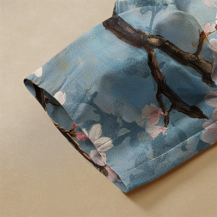 Buddha Stones Pure Cotton Vintage Sakura Branch Pattern Frog Button Women's Elastic Waist Harem Pants With Pockets - image 3