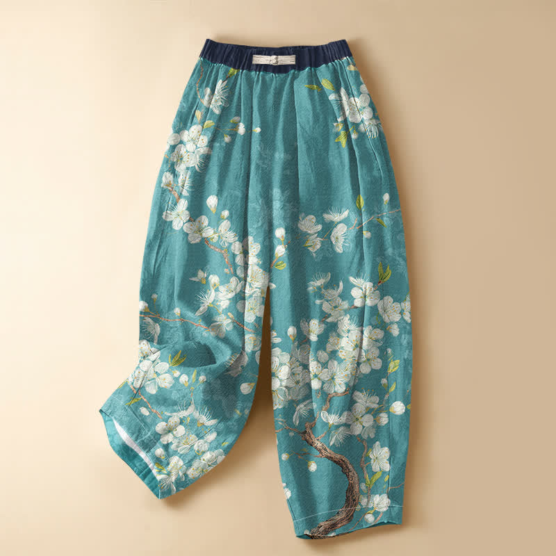 Buddha Stones Pure Cotton Vintage Floral Branch Pattern Frog Button Women's Elastic Waist Harem Pants With Pockets - MediumTurquoise - US16，UK/AU20，EU48 (3XL) - image 0