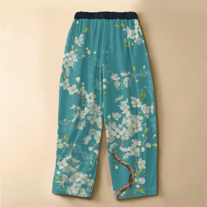 Buddha Stones Pure Cotton Vintage Floral Branch Pattern Frog Button Women's Elastic Waist Harem Pants With Pockets - image 1