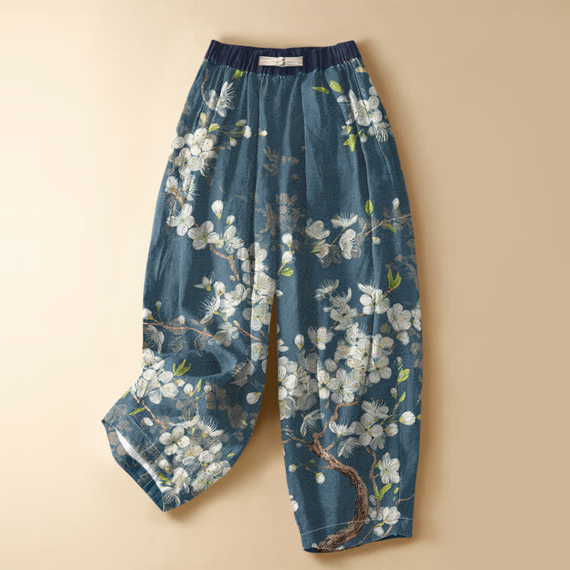 Buddha Stones Pure Cotton Vintage Floral Branch Pattern Frog Button Women's Elastic Waist Harem Pants With Pockets - SteelBlue - US16，UK/AU20，EU48 (3XL) - image 5