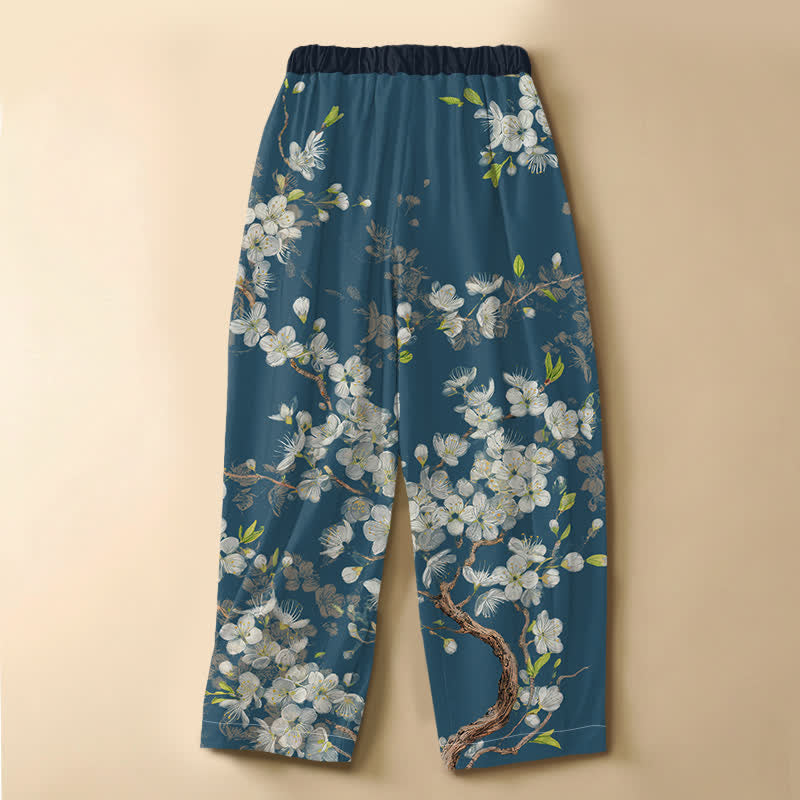 Buddha Stones Pure Cotton Vintage Floral Branch Pattern Frog Button Women's Elastic Waist Harem Pants With Pockets - image 6