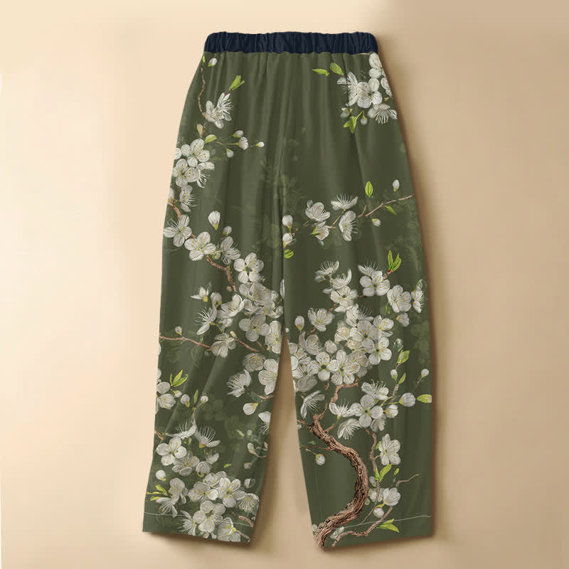 Buddha Stones Pure Cotton Vintage Floral Branch Pattern Frog Button Women's Elastic Waist Harem Pants With Pockets - image 8