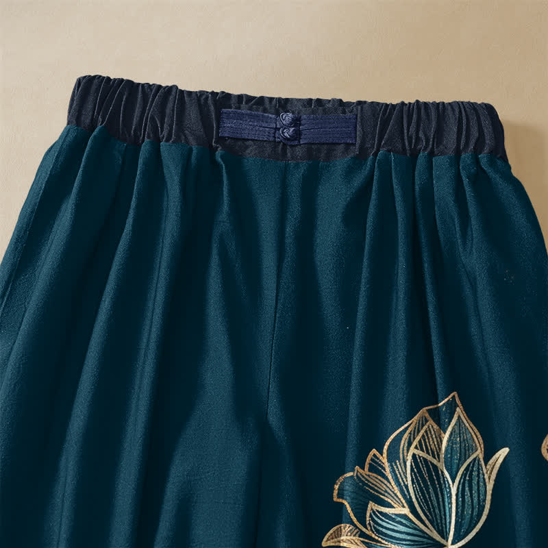 Buddha Stones Pure Cotton Lotus Bloom Pattern Frog Button Women's Elastic Waist Harem Pants With Pockets - image 2