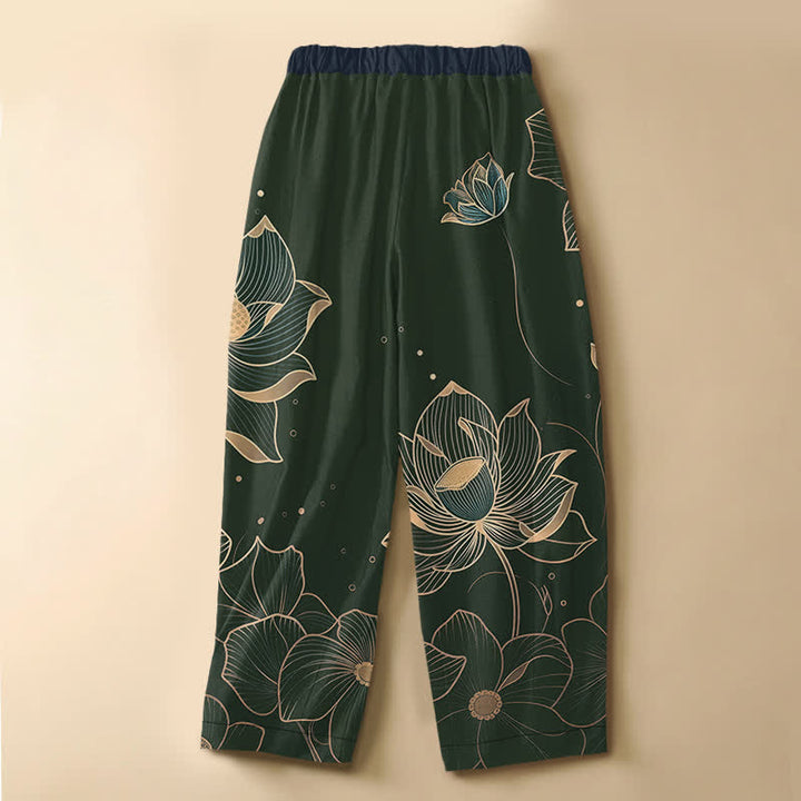 Buddha Stones Pure Cotton Lotus Bloom Pattern Frog Button Women's Elastic Waist Harem Pants With Pockets - image 6