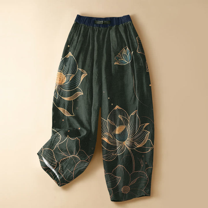 Buddha Stones Pure Cotton Lotus Bloom Pattern Frog Button Women's Elastic Waist Harem Pants With Pockets - DarkGreen - US16，UK/AU20，EU48 (3XL) - image 5