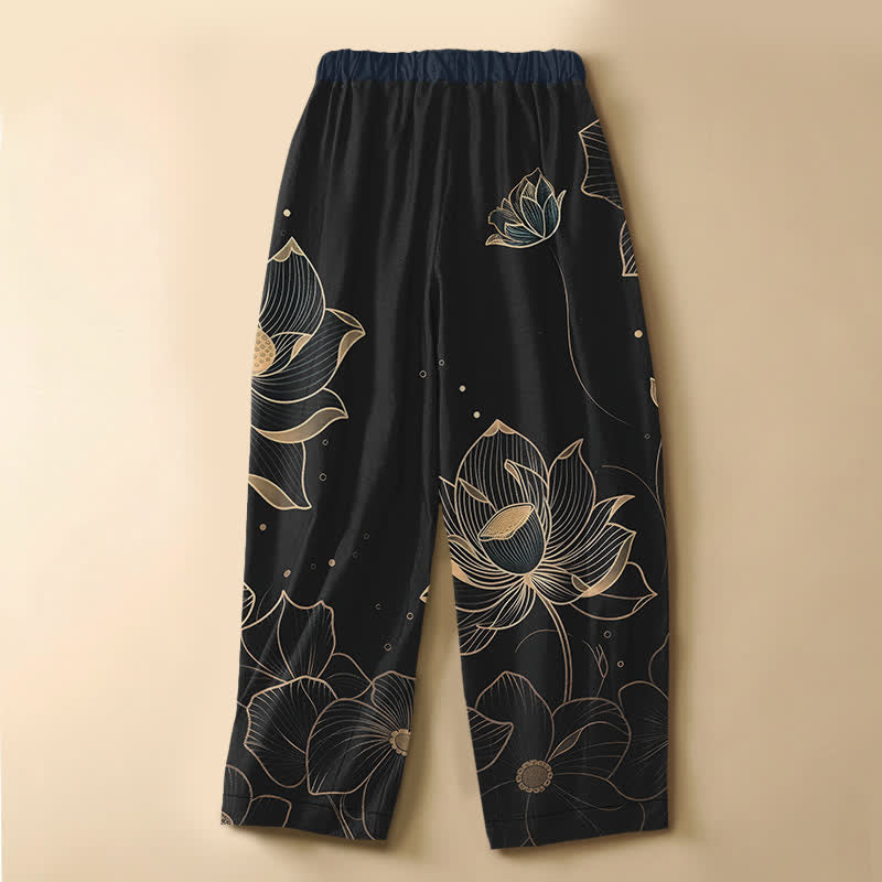 Buddha Stones Pure Cotton Lotus Bloom Pattern Frog Button Women's Elastic Waist Harem Pants With Pockets - image 8