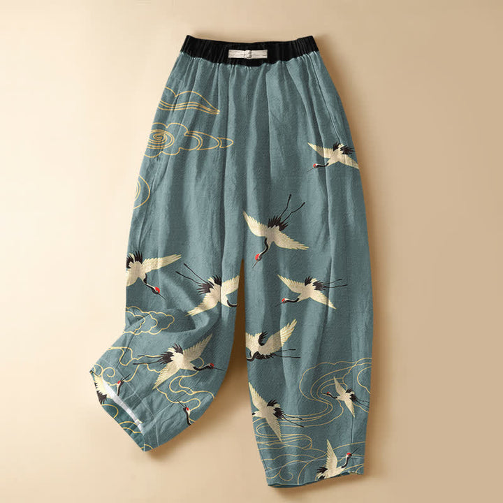 Buddha Stones Pure Cotton Elegant Crane Cloud Pattern Frog Button Women's Elastic Waist Harem Pants With Pockets - CadetBlue - US16，UK/AU20，EU48 (3XL) - image 0