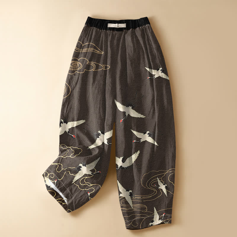 Buddha Stones Pure Cotton Elegant Crane Cloud Pattern Frog Button Women's Elastic Waist Harem Pants With Pockets - SaddleBrown - US16，UK/AU20，EU48 (3XL) - image 5