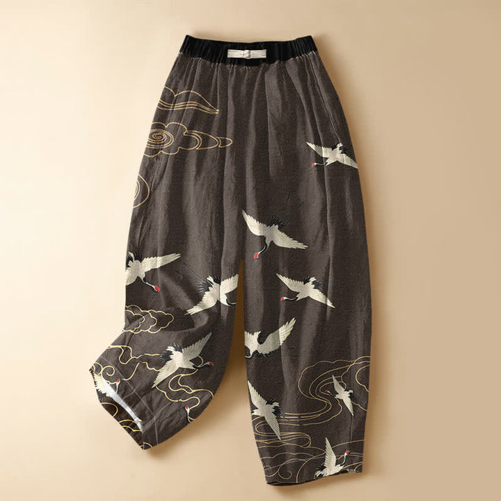 Buddha Stones Pure Cotton Elegant Crane Cloud Pattern Frog Button Women's Elastic Waist Harem Pants With Pockets - SaddleBrown - US16，UK/AU20，EU48 (3XL) - image 5