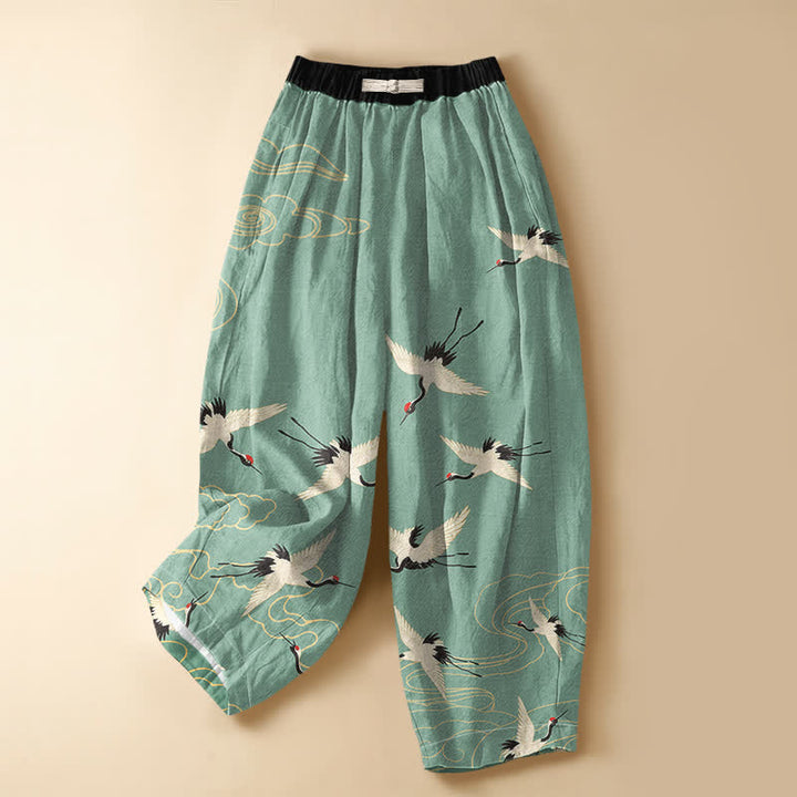 Buddha Stones Pure Cotton Elegant Crane Cloud Pattern Frog Button Women's Elastic Waist Harem Pants With Pockets - Aquamarine - US16，UK/AU20，EU48 (3XL) - image 7