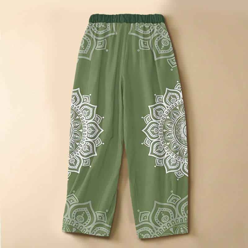 Buddha Stones Pure Cotton Bohemian White Mandala Pattern Frog Button Women's Elastic Waist Harem Pants With Pockets - image 1