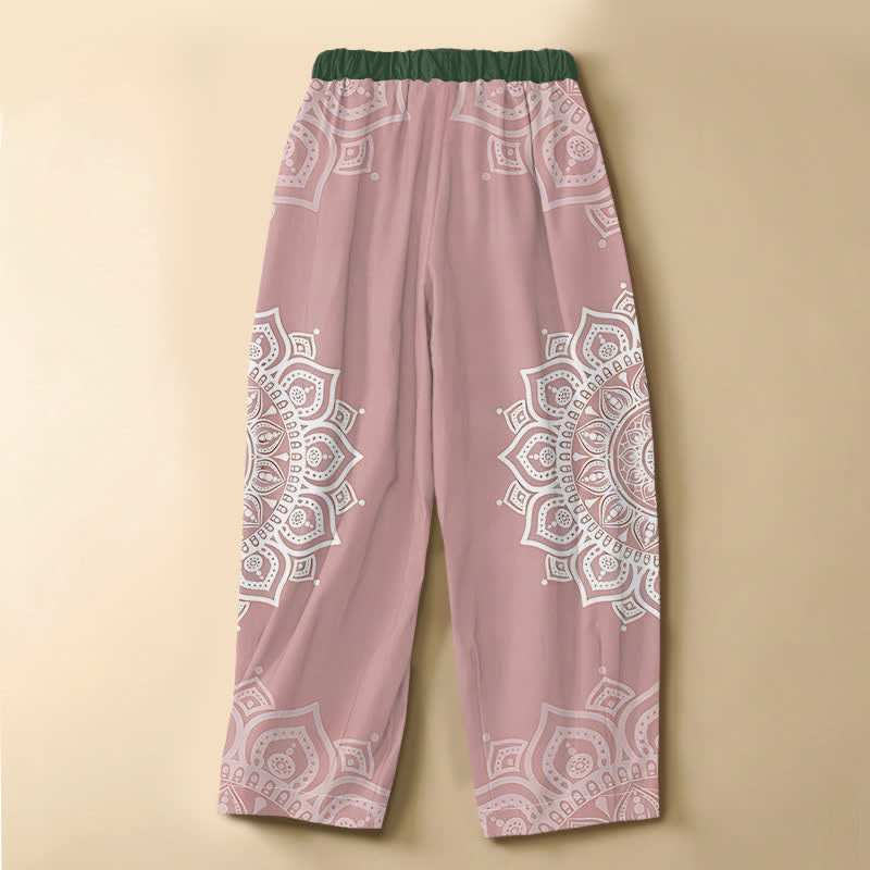 Buddha Stones Pure Cotton Bohemian White Mandala Pattern Frog Button Women's Elastic Waist Harem Pants With Pockets - image 6