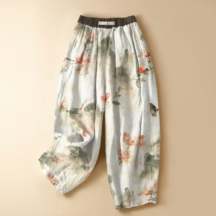 Buddha Stones Pure Cotton Watercolor Floral Butterfly Pattern Frog Button Women's Elastic Waist Harem Pants With Pockets - Ivory - US16，UK/AU20，EU48 (3XL) - image 0
