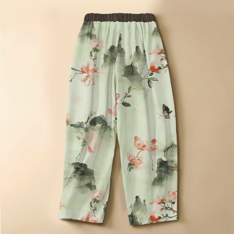 Buddha Stones Pure Cotton Watercolor Floral Butterfly Pattern Frog Button Women's Elastic Waist Harem Pants With Pockets - image 6