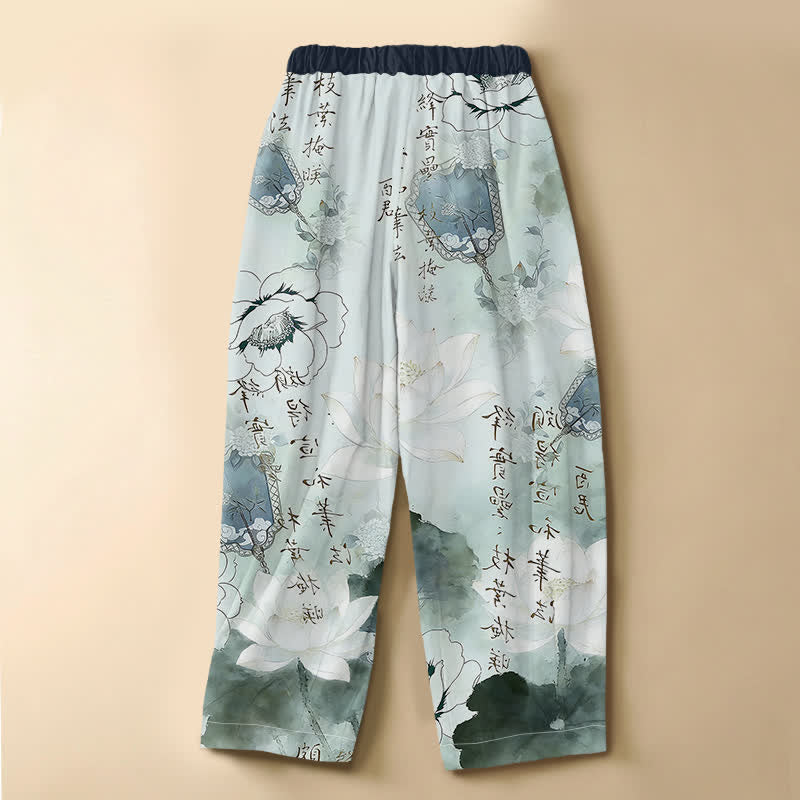 Buddha Stones Pure Cotton Oriental Floral Ink Wash Pattern Frog Button Women's Elastic Waist Harem Pants With Pockets - image 1