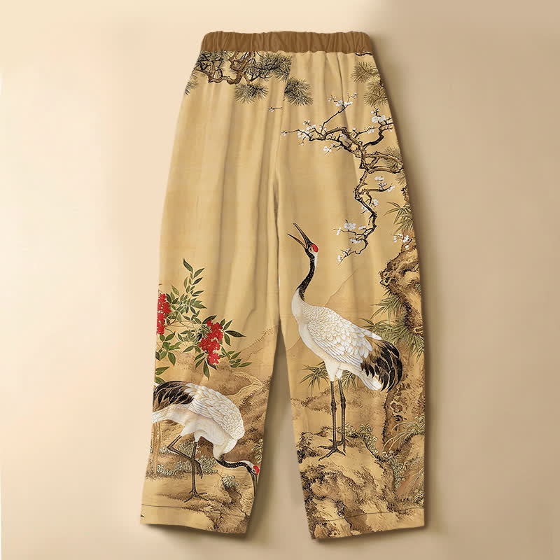 Buddha Stones Pure Cotton Oriental Crane Blossom Pattern Frog Button Women's Elastic Waist Harem Pants With Pockets - image 1
