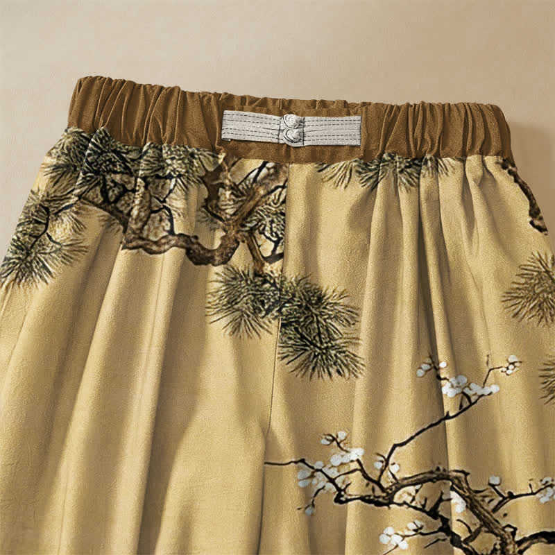 Buddha Stones Pure Cotton Oriental Crane Blossom Pattern Frog Button Women's Elastic Waist Harem Pants With Pockets - image 2