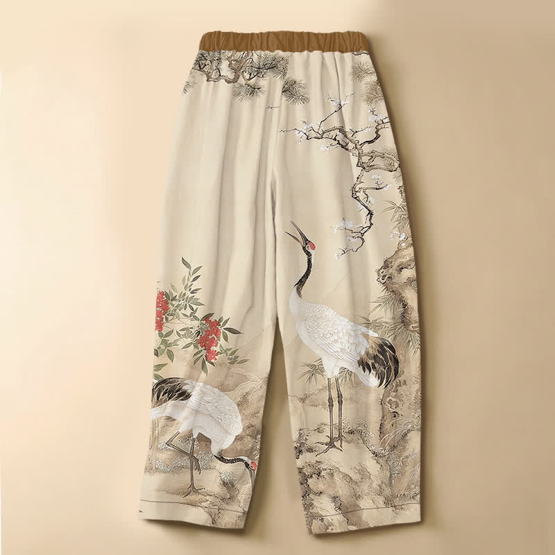 Buddha Stones Pure Cotton Oriental Crane Blossom Pattern Frog Button Women's Elastic Waist Harem Pants With Pockets - image 6