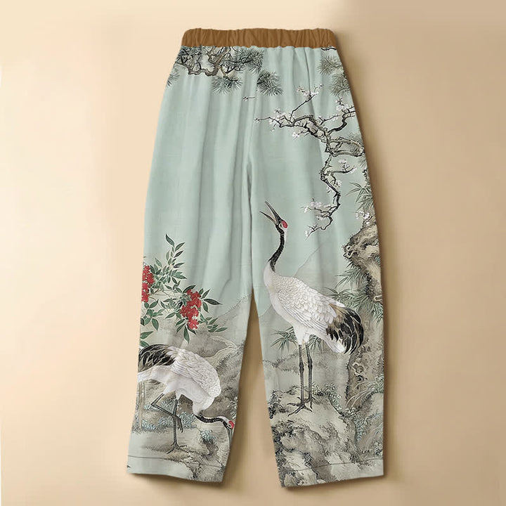 Buddha Stones Pure Cotton Oriental Crane Blossom Pattern Frog Button Women's Elastic Waist Harem Pants With Pockets - image 8