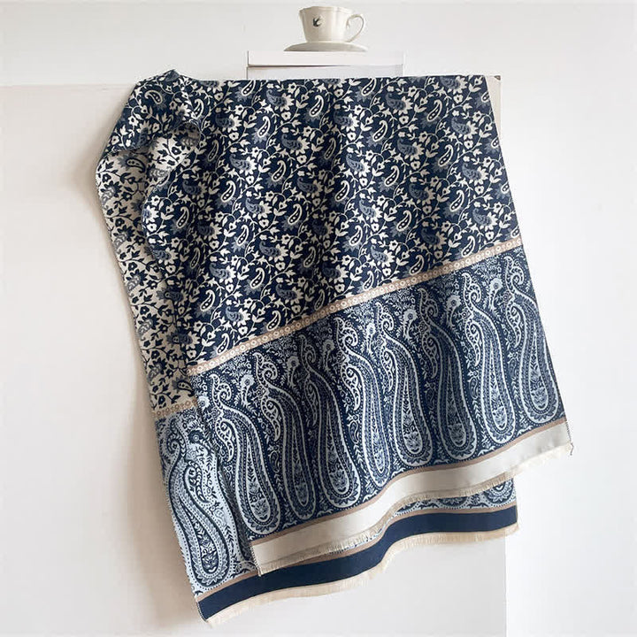 Buddha Stones Spring Fall Paisley Floral Vines Reversible Pattern Shawl - MidnightBlue - 180*65cm - image 10