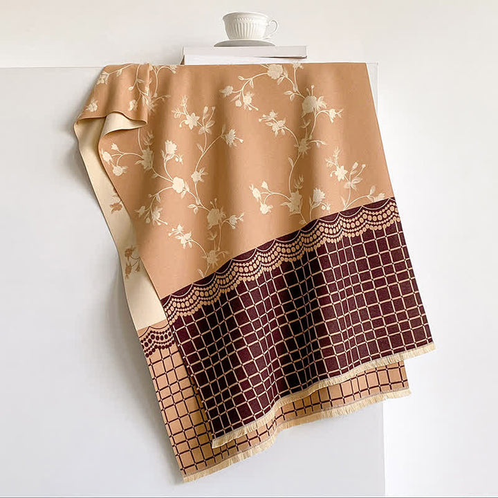 Buddha Stones Spring Fall Vintage Floral Vine Checked Pattern Shawl - Tan - 180*65cm - image 4