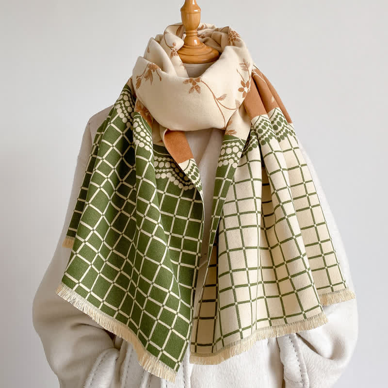 Buddha Stones Spring Fall Vintage Floral Vine Checked Pattern Shawl - DarkOliveGreen - 180*65cm - image 0