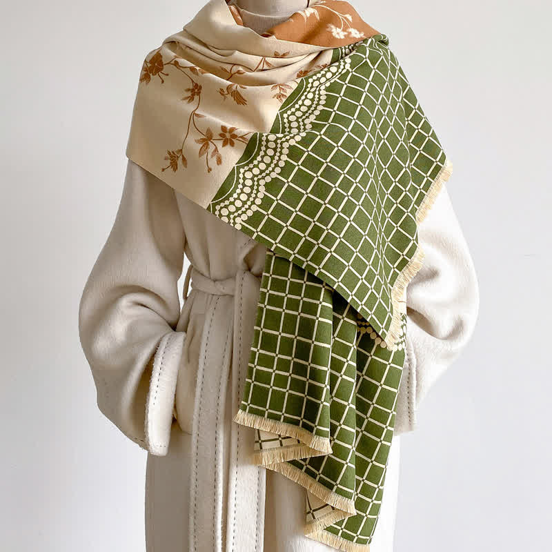 Buddha Stones Spring Fall Vintage Floral Vine Checked Pattern Shawl - image 2