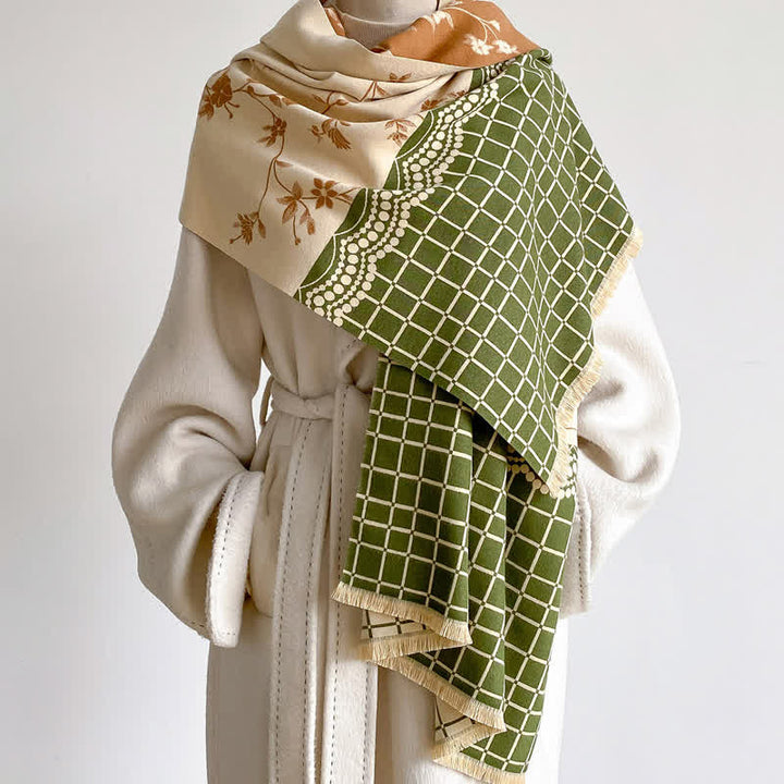 Buddha Stones Spring Fall Vintage Floral Vine Checked Pattern Shawl - image 2