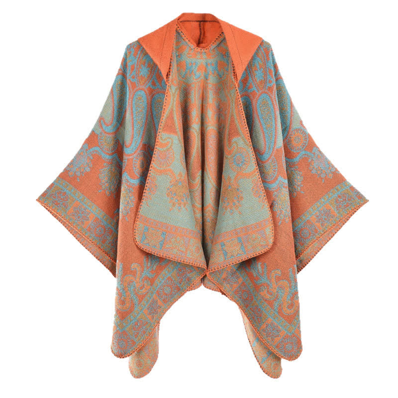 Buddha Stones Fall Winter Hooded Paisley Geometric Boho Poncho Style Shawl - Orange - 130*150CM - image 5