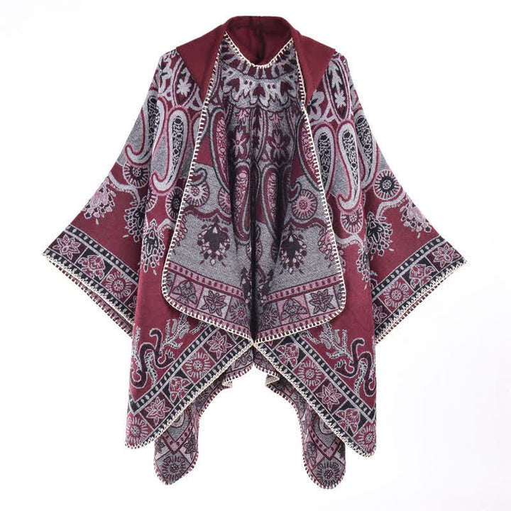 Buddha Stones Fall Winter Hooded Paisley Geometric Boho Poncho Style Shawl - Burgundy - 130*150CM - image 4