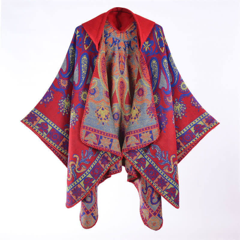 Buddha Stones Fall Winter Hooded Paisley Geometric Boho Poncho Style Shawl - Crimson - 130*150CM - image 2