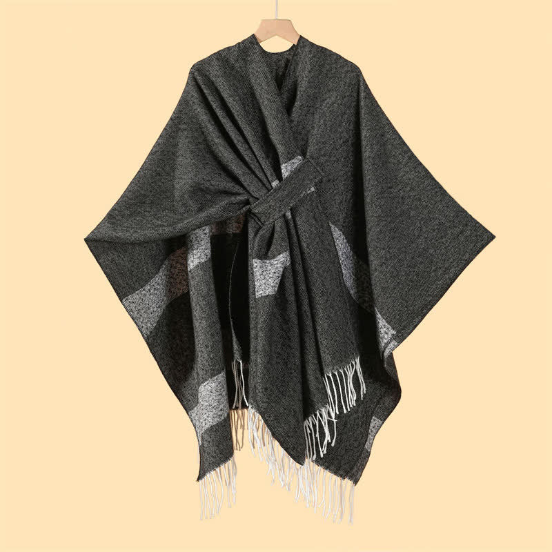 Buddha Stones Fall Winter Boho Striped Tassel Buckle Design Cozy Shawl - Black - 130x150cm - image 0