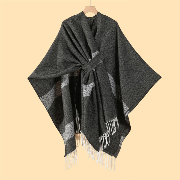 Buddha Stones Fall Winter Boho Striped Tassel Buckle Design Cozy Shawl - Black - 130x150cm - image 0