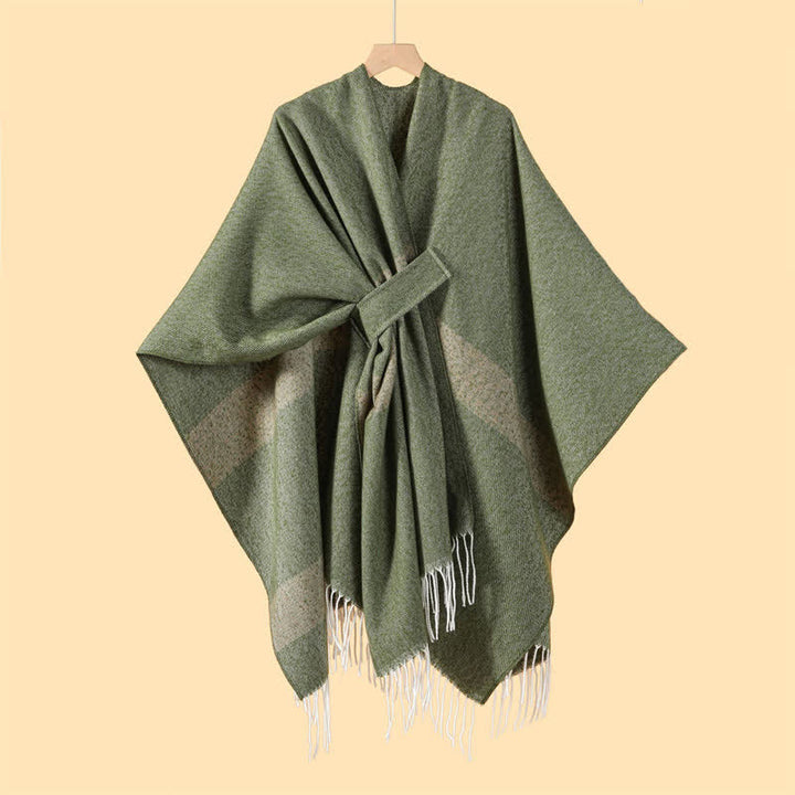 Buddha Stones Fall Winter Boho Striped Tassel Buckle Design Cozy Shawl - DarkOliveGreen - 130x150cm - image 4
