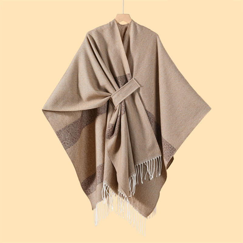 Buddha Stones Fall Winter Boho Striped Tassel Buckle Design Cozy Shawl - Tan - 130x150cm - image 6