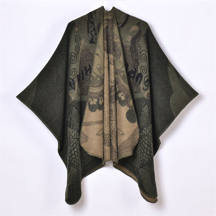 Buddha Stones Fall Winter Koi Fish Clouds Oriental Draped Soft Shawl - DarkOliveGreen - 130x150cm - image 5