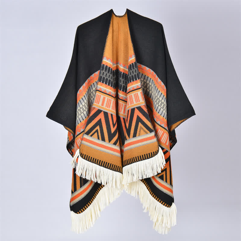 Buddha Stones Fall Winter Boho Geometric Floral Pattern Tassel Shawl - Geometric Black Orange - 155*136cm - image 12