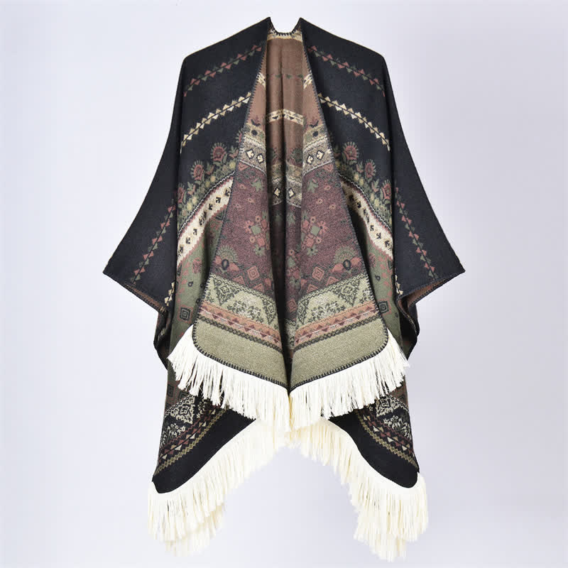 Buddha Stones Fall Winter Boho Geometric Floral Pattern Tassel Shawl - Flower Black Green - 155*136cm - image 23